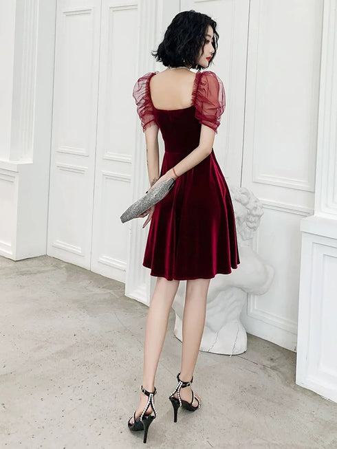 Wine Red Velvet Knee Length Short Party Dress, Wine Red Homecoming Dress